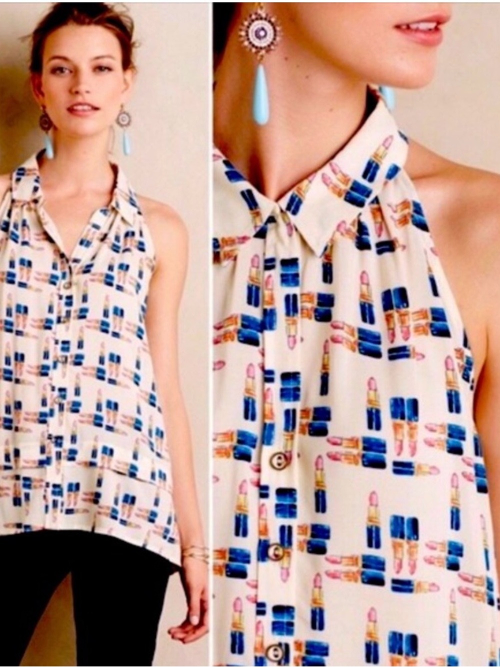 Maeve by Anthropologie Lipstick Print Sleeveless Button-Down Top Size 4